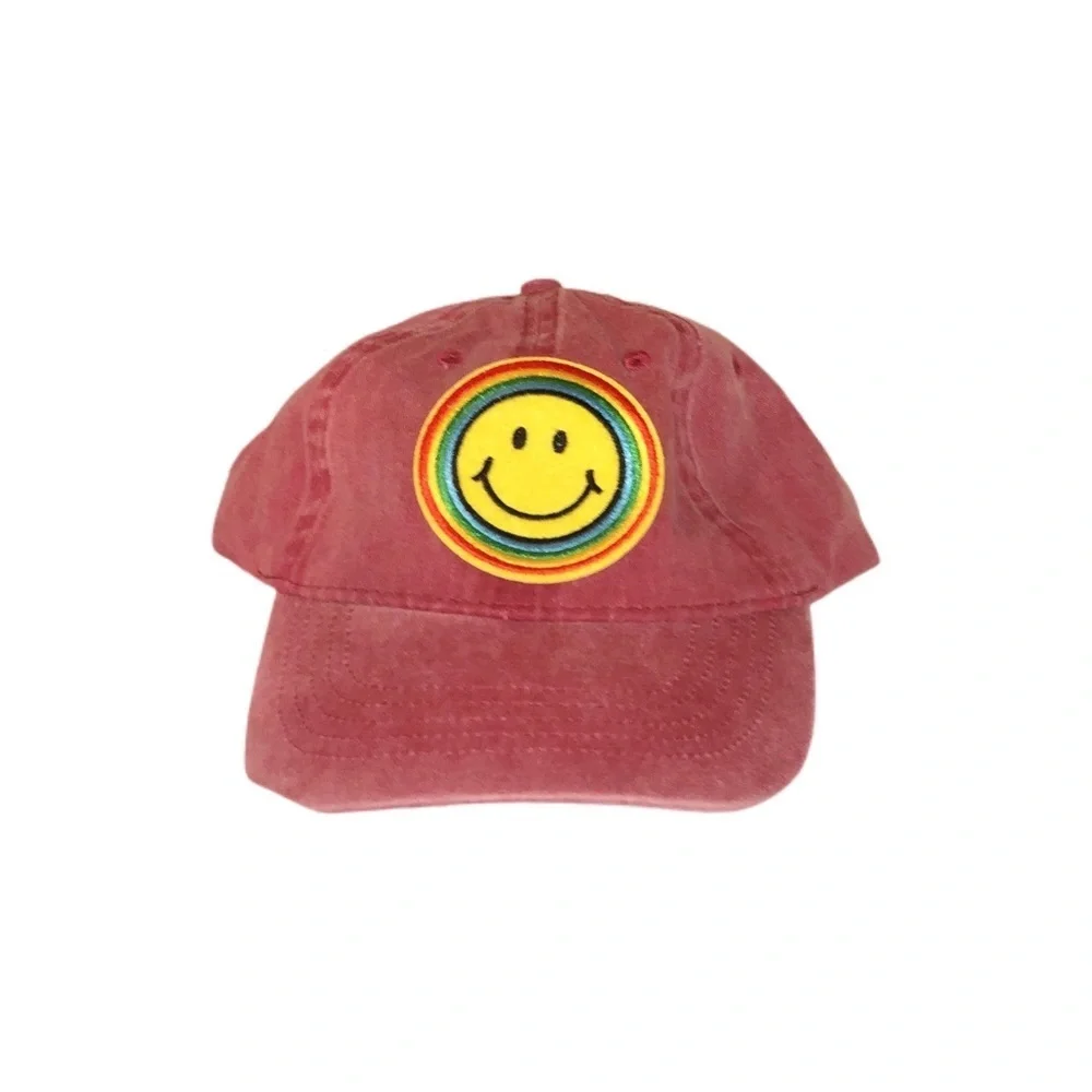 Washed Pink Baseball Hat W/ Rainbow Smiley Patch